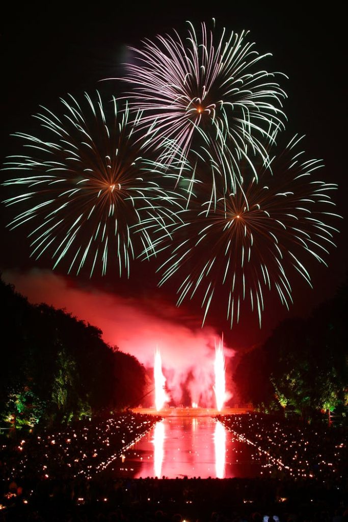 Dazzling fireworks illuminate the night sky with reflections on water, perfect for festive occasions.